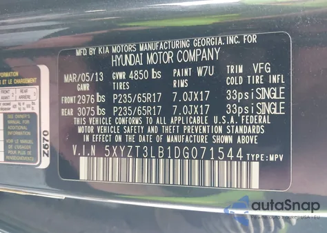 2013 Hyundai Santa Fe Sport from USA, damaged, VIN 5XYZT3LB1DG071544